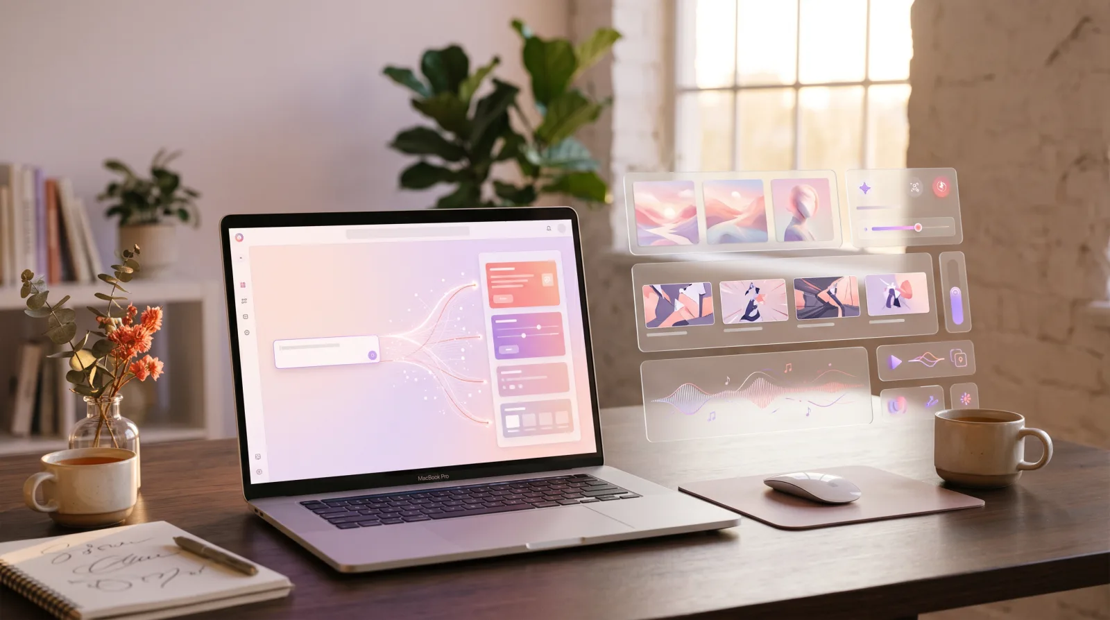 A pastel creative studio desk showing an AI workspace with image, video, audio, and music outputs
